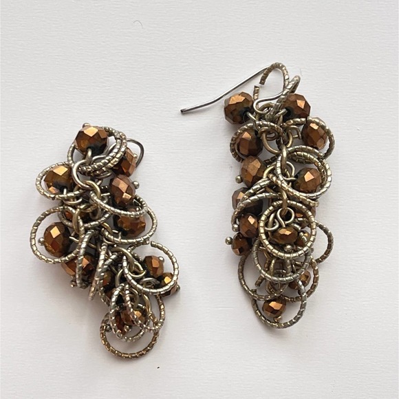 Coppery Metallic Beaded Geometric Earrings Neutral Faceted Beads Golden Pierced - Picture 3 of 4